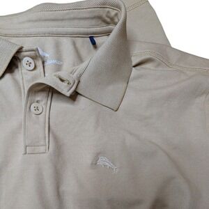 Tommy Bahama Mens Large Tan Beige Short Sleeve Pique Polo Shirt Marlin Logo